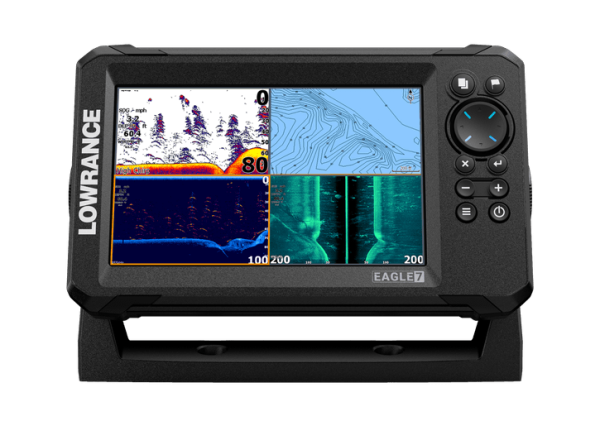 Lowrance Eagle-7 TripleShot™ ROW: 7" IPS screen, TripleShot™ HD transducer, Worldwide basemap chart.